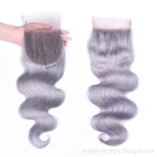 hair extension products  Brazilian virgin hair grey silver body wave 10A lace frontal closure